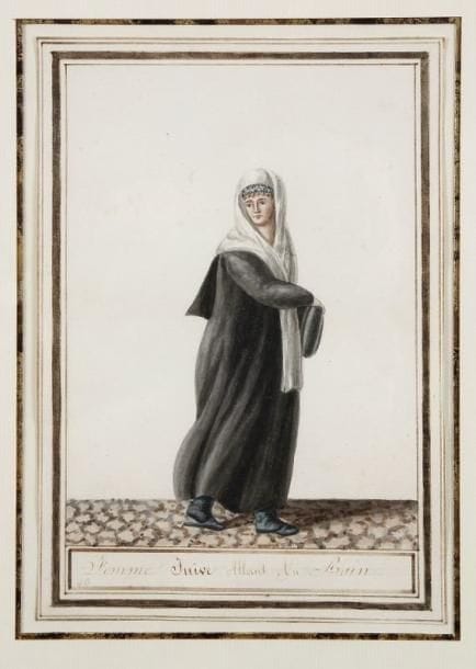 [ANONYME]
Femme juive allant au bain Aquarelle sur papier dans un double encadrement de filets Première moitié du XIX ème siècle. Titrée à l'encre en bas dans un cartouche et portant au crayon le numéro 40 en bas et à gauche. 22,5 x 14,5 cm. Nous n'avons pas retrouvé dans Rubens (A Jewish Iconography) de document comparable. « Exposition: le Monde juif: une Histoire Sainte, Paris, 1992, num. 240 du catalogue (reproduit) »