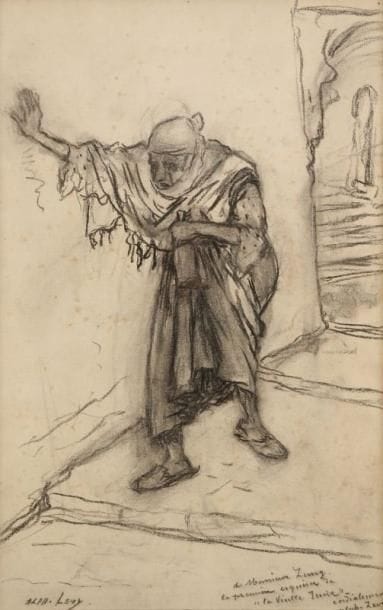 LEVY Alphonse (1843-1918)
La vieille juive Dessin au fusain sur papier. Signé en bas et à gauche, titré « P remière pensée pour mon tableau la vieille juive », contresigné et dédicacé en bas et à droite à Monsieur Zung (cadre de Ellul à Mustapha) 48,5 x 31,5 cm (à vue). L'escalier dans la Casbah semble être le même que celui du tableau « Jeune femme portant un plateau » et les deux oeuvres pourraient alors symboliser les deux phases de la vie d'une juive d'Alger.