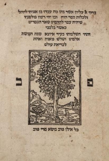 LEVITA Elie (1469-1549)
Sefer Hatishbi. Isny, 1541, un vol. in 4° rel. ép. plein vélin, tranches rouges mouchetées, belle marque d'imprimeur gravée sur bois en fin de volume. Edition où l'hébreu est seul, sans la traduction latine - le premier ou le second livre hébraïque imprimé à Isny, fruit de la collaboration de deux personnalités exceptionnelles de l'humanisme, Paul Fagius et Elie Levita alors âgé de plus de soixante-dix ans. Elie (Elijah ben Asher) Levita fut non seulement un très grand hébraïsant, mais aussi un des premiers grands écrivains de langue yiddish, langue dans laquelle il a publié un dictionnaire et un roman restés célèbres. Zedner 228.