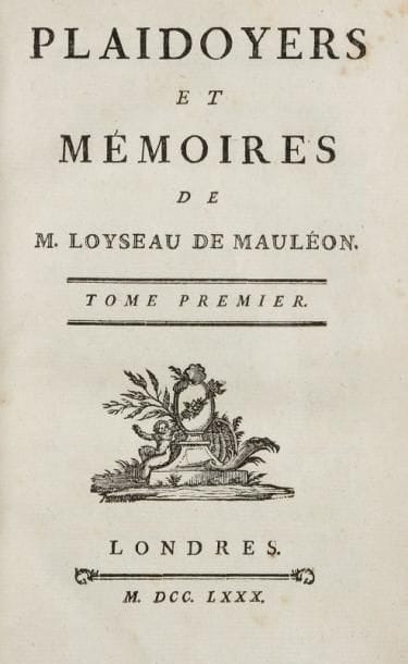 LOYSEAU de MAULÉON
Plaidoyers et Mémoires. Londres, 1780, trois volumes in 8°, rel. ép. plein veau marbré, dos lisse orné de filets et fleurons dorés, pièces de titre et de tomaison sur maroquin rouge et vert, tranches rouges. Très bel exemplaire de cette édition collective des plaidoyers d'un des plus célèbres avocats du XVIIIème siècle, le premier de ces plaidoyers étant le celui pour Joseph-Jean-François-Elie Lévi, ci-devant Borach Lévi, appelant comme d'abus, contre M. L'Evêque de Soissons, Pair de France, Intimé, suivi de la réplique pour le même contre le même (Tome I, pp. 1 à 84), dans lequel le nouveau converti demandait l'annulation de son mariage, sa femme voulant rester juive, alors que l'évêque soutenait la validité persistante du mariage, comme dans l'affaire Peixotto. On trouve aussi dans ce recueil les mémoires de Loyseau de Mauléon pour les enfants Calas (tome II, pp. 67 à 166), pour la veuve de Dupleix, et les quatre mémoires concernant Sophie de Monnier et le Sieur de Valdahon. Bien complet au tome III du tableau dépliant entre les pp. 112 et 113 « Généalogie des trois familles portant le nom de Boeuf à Censeau ». Pour les différentes pièces concernant Borach Lévi, cf Szajkowski, 509 à 514.