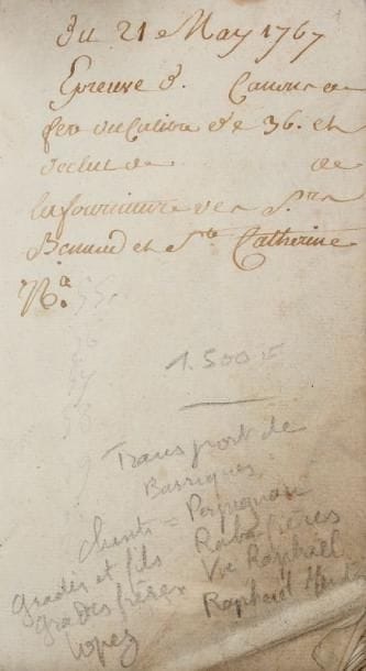 [MANUSCRIT] - Livre de comptes d'un transporteur de la région de Bordeaux, du 21 mai 1767 au 13 mai 1771, 8 ff. écrits suivis de plusieurs dizaines de ff. blancs en un vol. in 12, rel. ép. plein vélin de réemploi, pour des marchandises venues par bateaux en provenance de la Guadeloupe, de la Martinique ou de Saint Domingue, mentionnant de nombreuses familles juives de Bordeaux, les Gradis (Gradis et fils et Gradis frères, f°7), mais aussi les Raba, les Perpignan, les Lopez, les Raphaël, etc ...