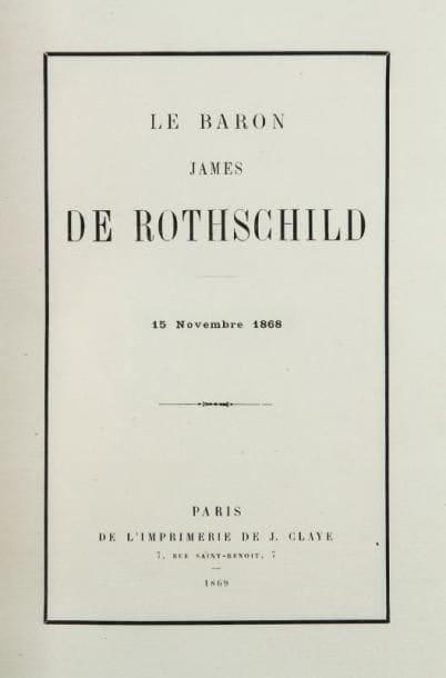 [ROTHSCHILD James de]
Le baron James de Rothschild. 15 novembre 1868. Paris, Claye, 1869, 296 pp., la dernière blanche, en un vol. in 8°, texte encadré d'un filet noir, reliure de deuil plein chagrin noir, filet d'encadrement à froid autour des plats, dos à cinq nerfs portant uniquement le nom du défunt et la date en lettres dorées, doublures et gardes de soie mauve, encadrée au contreplat d'un listel de maroquin noir portant trois filets dorés, tranches dorées. Recueil non mis dans le commerce, rassemblant les articles de journaux publiés en France et à l'étranger lors du décès du fondateur de la branche française de la célèbre banque (branche dont il avait pris la direction âgé d'à peine vingt ans), les discours prononcés aux obsèques par Albert Cohn, Zadok Kahn, M. Delebecque, M. Cerfberr, A Geiger président de la communauté israélite de Francfort, le Grand - Rabbin Isidor, ainsi qu'un choix des lettres de condoléances: prince de Joinville, roi et reine des Belges, etc ...Très bel exemplaire.