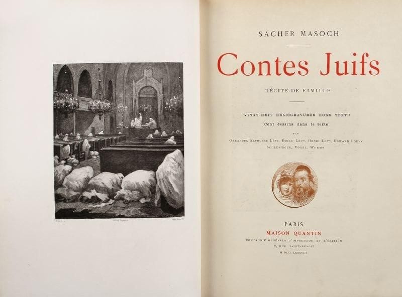 SACHER MASOCH Chevalier de
Contes juifs, récits de famille. Vingt huit héliogravures hors texte (en réalité 54, seules 27 ayant été tirées mais se trouvant ici chacune en deux exdemplaires), cent dessins dans le texte par Gérardin, Alphonse Lévy, Emile Lévy, Henry Lévy, Edward Loewy, Schlesinger, Vogel, Worms. Paris, Quantin, 1888, un fort vol. grand in 8°, rel. ép. demi chagrin havane à coins, dos à cinq nerfs, tranche sup. dorée, couverture illustrée et dos conservés (Champs). Très bel exemplaire parfaitement établi, un des 125 sur japon, seul tirage de tête, avec les hors texte en deux états dont un avant la lettre. Provenance: curieux ex libris gravé au premier contre plat d'Alexis Nathan, montrant un paon agitant un encensoir avec la légende « Ad majorem mei gloriam ». De plus en plus recherché en cette condition.
