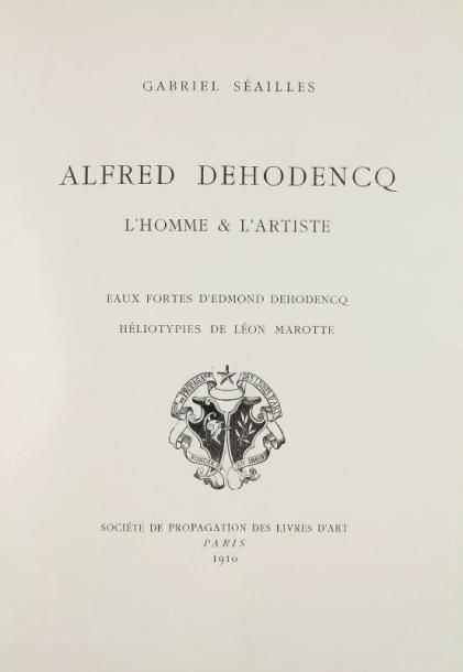 SÉAILLES Gabriel
Alfred Dehodencq l'homme et l'artiste. Eaux-fortes d'Edmond Dehodencq. Héliotypies de Léon Marotte. Paris, Société de Propagation des livres d'art, 1910, un vol. grand in 8° rel. plein chagrin rouge, double filet d'encadrement doré sur les plats, dos à cinq nerfs orné de filets dorés dans les entre-nerfs, listel de maroquin encadrant les contreplats avec trois filets dorés, tranche sup. dorée, les deux plats de la couverture (illustrée sur le premier plat) conservés (Durvand). Exemplaire d'une rare qualité, en reliure signée d'un maître, de cette étude tirée à l'origine à 600 exemplaires seulement et devenue peu commune, très illustrée et comportant à la fin un essai de catalogue raisonné du célèbre orientaliste qui fut un des peintres majeurs du judaïsme marocain au XIXème siècle, réalisant près d'une trentaine de tableaux et des dizaines de dessins et d'aquarelles sur ce thème. Cet exemplaire - ci est d'autant plus précieux que l'on y a ajouté en frontispice une importante aquarelle originale d'Alfred Dehodencq, au format de l'ouvrage, annotée au crayon à sa partie inférieure «Etude pour la Fête Juive»: on y reconnaît effectivement le personnage se trouvant en haut et à gauche de la « Fête juive à Tanger », reproduite p. 154 du présent volume et conservée au musée de Poitiers.