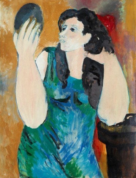 Pierre VAN POUCKE (1920-1983)
Femme au miroir, vers 1965. Huile et crayon sur carton. Cachet au dos. 65 x 50 cm.
