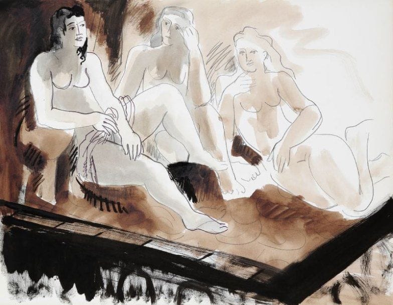 Pierre VAN POUCKE (1920-1983)
Femmes nus, vers 1965. Encre et lavis d'encre sur papier. Cachet au dos. 50 x 65 cm.