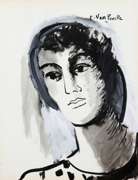 Pierre VAN POUCKE (1920-1983)
Portrait de femme, vers 1965. Technique mixte sur papier. Signée en haut à droite. 65 x 50 cm