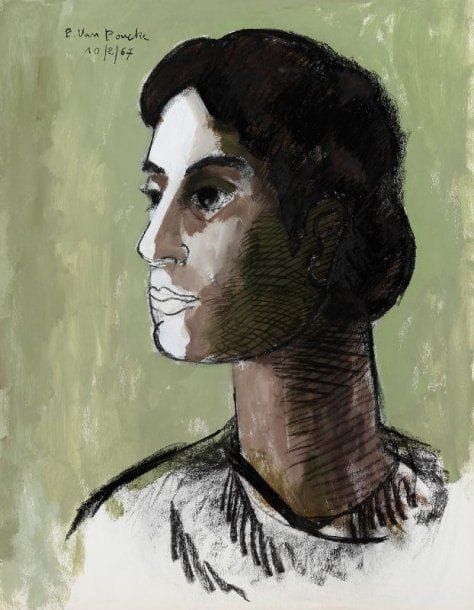 Pierre VAN POUCKE (1920-1983)
Profil de jeune femme, 1967. Gouache et encre sur papier. Signée et datée 10/02/67 en haut à gauche. 65 x 50