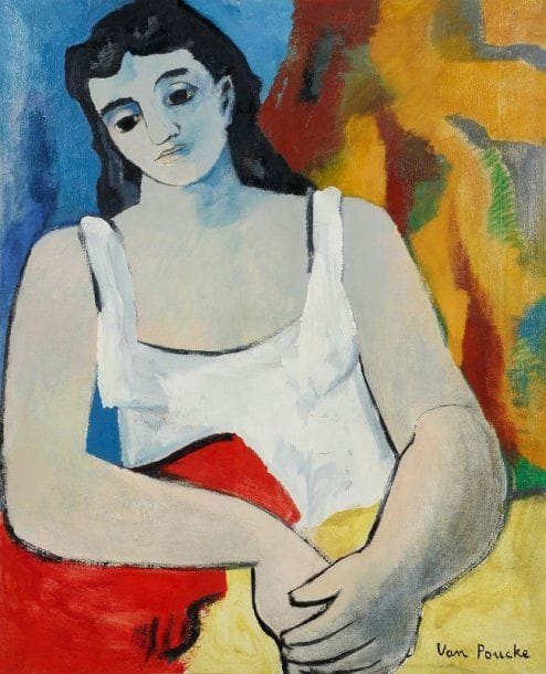 Pierre VAN POUCKE (1920-1983)
Femme au coussin rouge, vers 1955. Huile sur toile. Signée en bas à droite. 92 x 73 cm. Salon des Indépendants 1966
