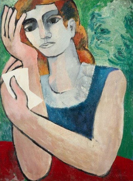 Pierre VAN POUCKE (1920-1983)
Jeune femme accoudée, vers 1955. Huile sur toile. Cachet au dos. 81 x 60 cm