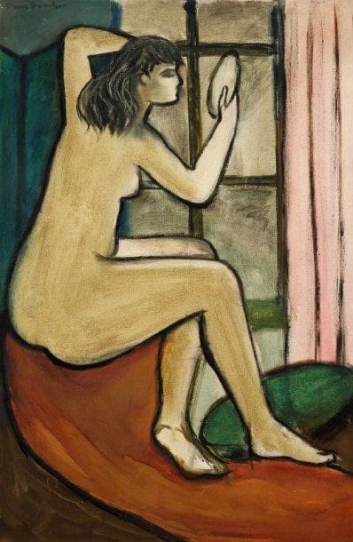 Pierre VAN POUCKE (1920-1983)
Femme au miroir, vers 1955. Huile sur toile. Signée en haut à droite. 81 x 54 cm