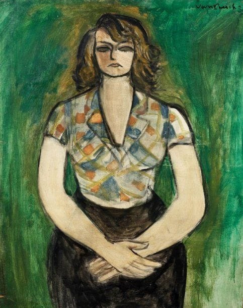 Pierre VAN POUCKE (1920-1983)
Femme au chemisier, vers 1955. Huile sur papier contrecollé sur toile. Signée en haut à droite. 92 x 73 cm