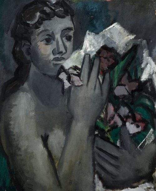 Pierre VAN POUCKE (1920-1983)
Femme au bouquet, vers 1958. Huile sur papier contrecollé sur toile. Au dos, composition aux fruits. Signée au dos. 73 x 54 cm