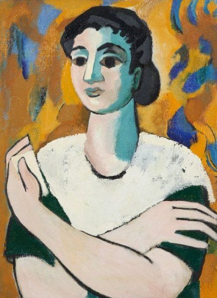 Pierre VAN POUCKE (1920-1983)
Jeune femme les bras croisés, vers 1960. Huile sur toile. Cachet au dos. 81 x 60 cm