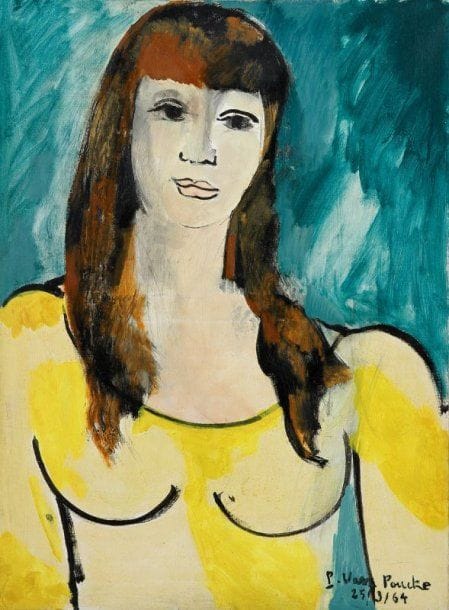 Pierre VAN POUCKE (1920-1983)
Femme à la robe jaune, 1964. Huile sur toile. Signée et datée 25/03/1964 en bas à droite. 73 x 54 cm