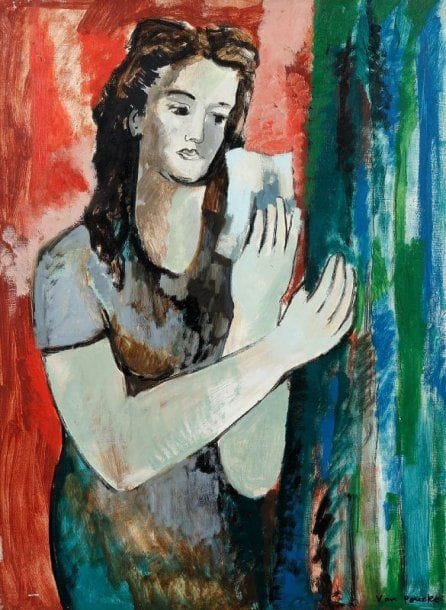 Pierre VAN POUCKE (1920-1983)
Jeune femme au miroir, vers 1965. Huile sur toile. Signée en bas à droite. 73 x 54 cm