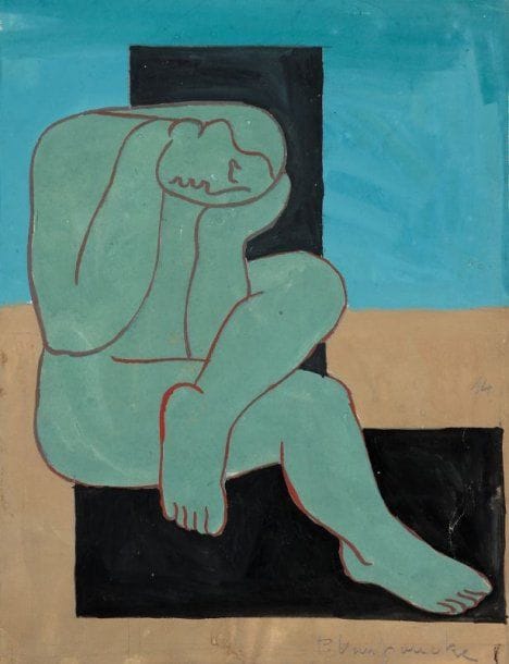 Pierre VAN POUCKE (1920-1983)
Femme pensante, vers 1950. Gouache sur papier. Signée en bas à droite. 33 x 25 cm.