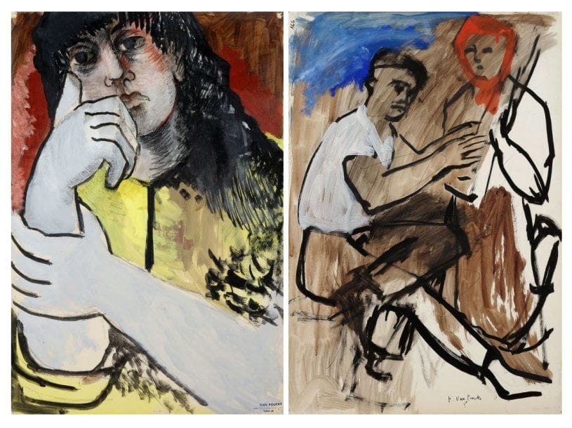 Pierre VAN POUCKE (1920-1983)
Jeune femme accoudée, vers 1960. Technique mixte sur papier. Signée du cachet en bas à droite. Couple de paysans au verso (Signée en bas à droite.) 73 x 50 cm.