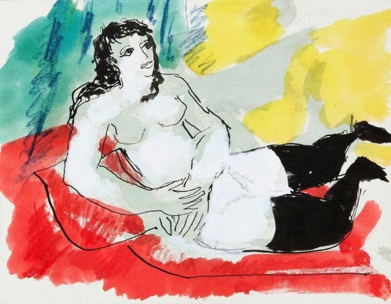 Pierre VAN POUCKE (1920-1983)
Femme au divan rouge, vers 1960. Technique mixte sur papier. Cachet au dos. 16 x 21 cm.