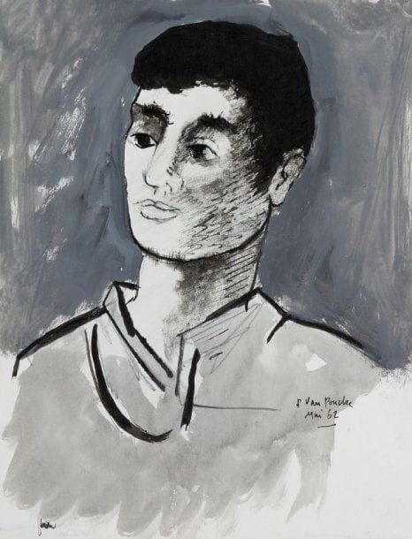 Pierre VAN POUCKE (1920-1983)
Portrait de jeune homme, 1962. Technique mixte sur papier. Signée et datée mai 1962 en bas à droite. 27 x 21 cm