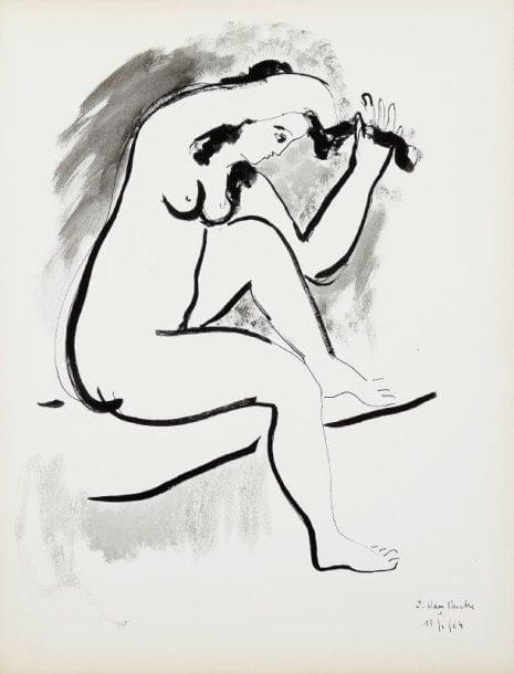 Pierre VAN POUCKE (1920-1983)
Femme à sa toilette, 1964. Encre et lavis d'encre sur papier. Signée et datée 13/01/64 en bas à droite. 65 x 50 cm.