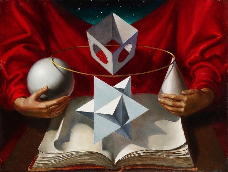 Paul MANTES (1921-2004)
Composition fantastique au livre. Huile sur toile.  46 x 61 cm  