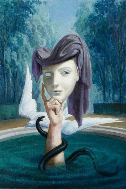 Paul MANTES (1921-2004)
La fontaine mystérieuse. Huile sur toile.  73 x 50 cm  