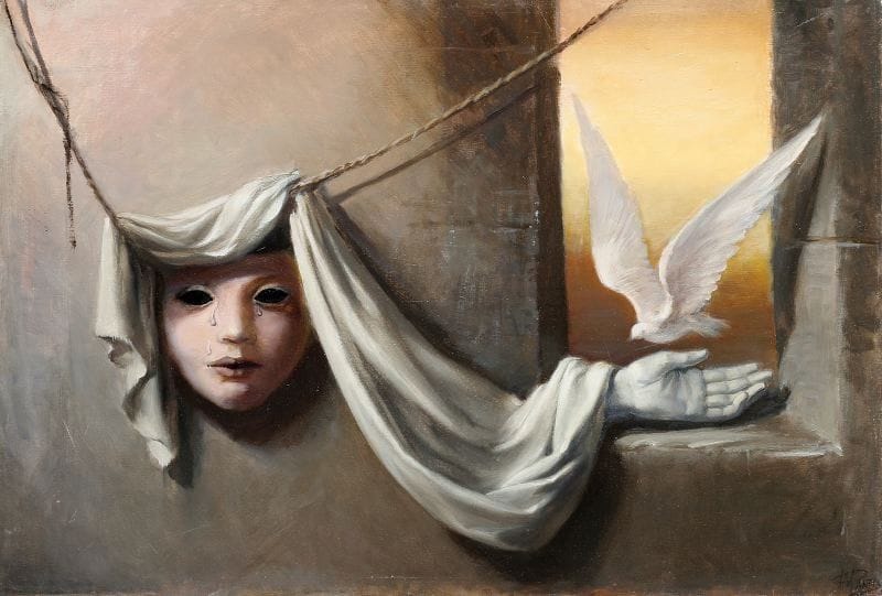 Paul MANTES (1921-2004)
Masque en larmes. Huile sur toile. Signée en bas à droite. 50 x 73 cm  