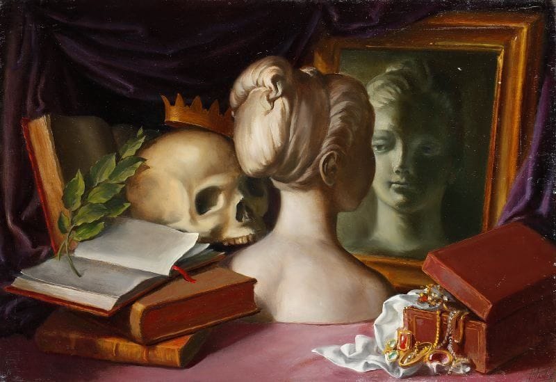Paul MANTES (1921-2004)
Memento mori. Huile sur panneau. Signée en bas à droite. 50 x 73 cm  