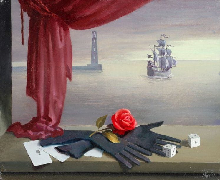Paul MANTES (1921-2004)
Port imaginaire à la rose. Huile sur panneau. Signée en bas à droite. 38 x 46 cm  