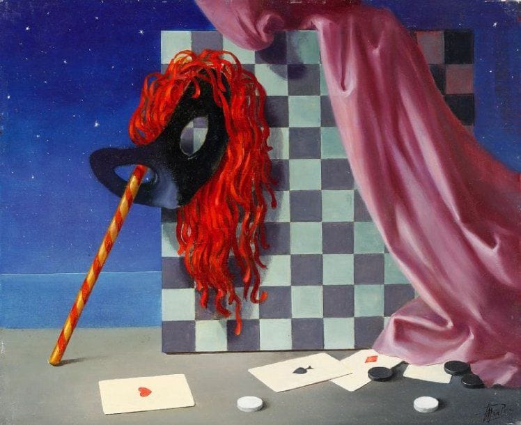 Paul MANTES (1921-2004)
Masques, damiers et cartes. Huile sur panneau. Signée en bas à droite. 38 x 46 cm  
