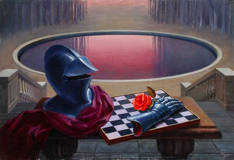 Paul MANTES (1921-2004)
La rose. Huile sur panneau. Signée en bas à droite. 50 x 73 cm  