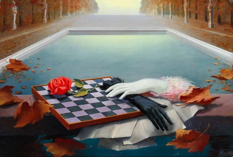Paul MANTES (1921-2004)
La rose et les gants. Huile sur panneau.  50 x 73 cm  