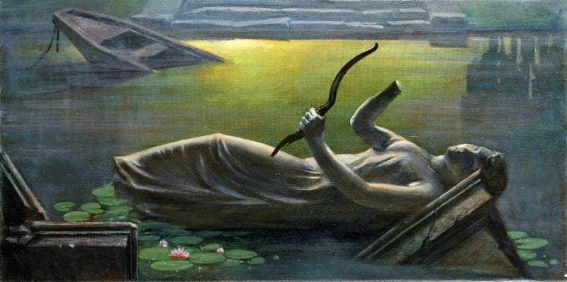 Paul MANTES (1921-2004)
Ruines et bassin. Huile sur toile.  40 x 80 cm  