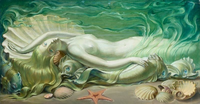 Paul MANTES (1921-2004)
Naïade aux coquillages. Huile sur toile.   55 x 105 cm  