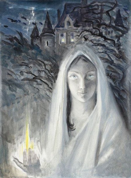 Paul MANTES (1921-2004)
La dame en blanc. Huile sur toile.  60 x 46 cm  Non montée