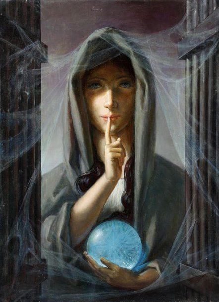 Paul MANTES (1921-2004)
Femme à la boule de cristal. Huile sur toile.  73 x 54 cm  