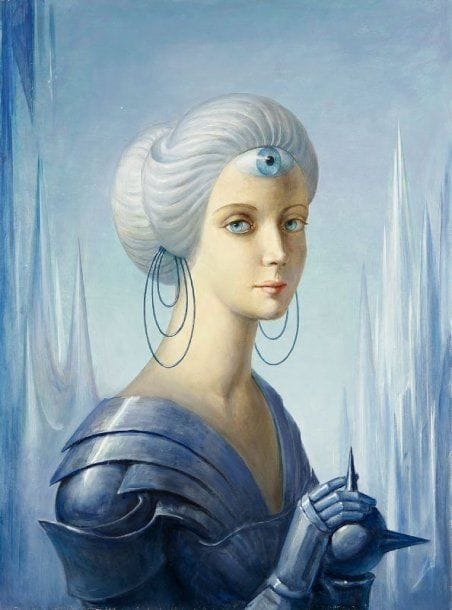 Paul MANTES (1921-2004)
Femme à l'armure. Huile sur toile.  73 x 54 cm  