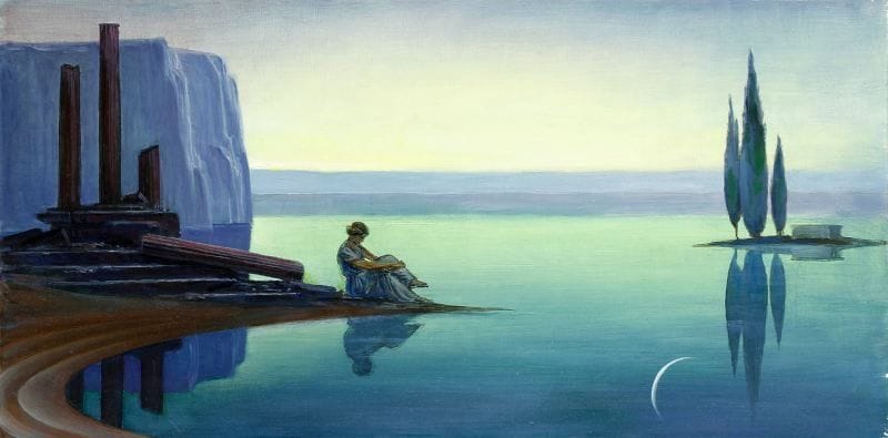 Paul MANTES (1921-2004)
Bord de lac aux ruines. Huile sur toile.  40 x 80 cm  