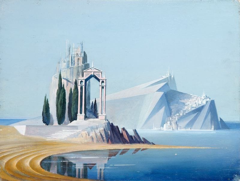 Paul MANTES (1921-2004)
Paysage fantastique. Huile sur panneau.  46 x 61 cm  