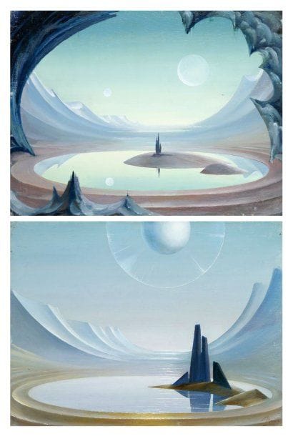 Paul MANTES (1921-2004)
Paysage fantastique. Huile sur panneau. Signée en bas à droite. 46 x 61 cm  Paysage fantastique au dos.