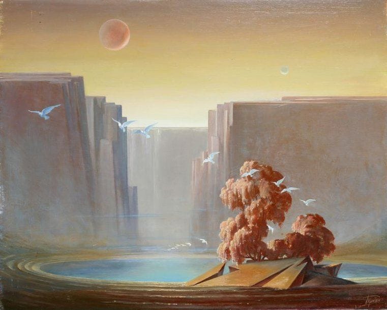 Paul MANTES (1921-2004)
Paysage fantastique. Huile sur panneau. Signée en bas à droite. 65 x 81 cm  
