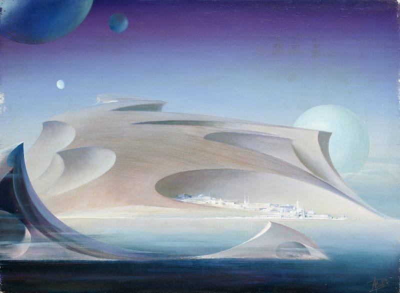 Paul MANTES (1921-2004)
Paysage fantastique. Huile sur panneau. Signée en bas à droite. 60 x 81 cm  