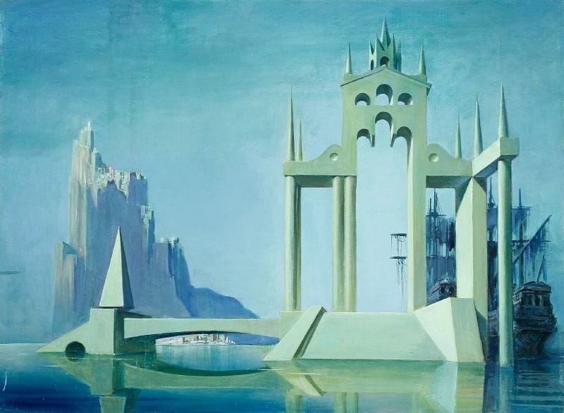 Paul MANTES (1921-2004)
Paysage fantastique. Huile sur toile.  60 x 81 cm  