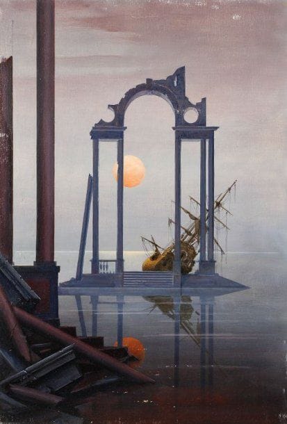 Paul MANTES (1921-2004)
Paysage fantastique. Huile sur panneau.  73 x 50 cm  