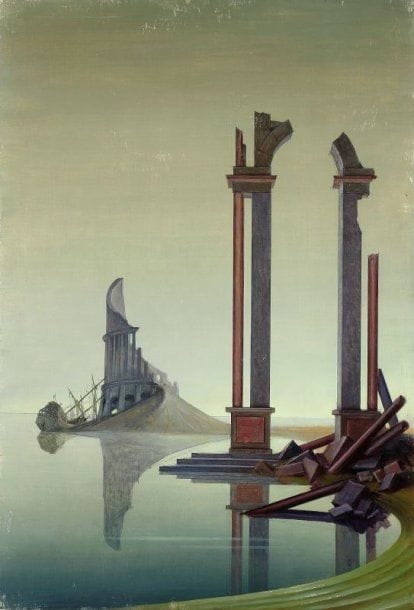 Paul MANTES (1921-2004)
Paysage fantastique aux ruines. Huile sur panneau.  73 x 50 cm  