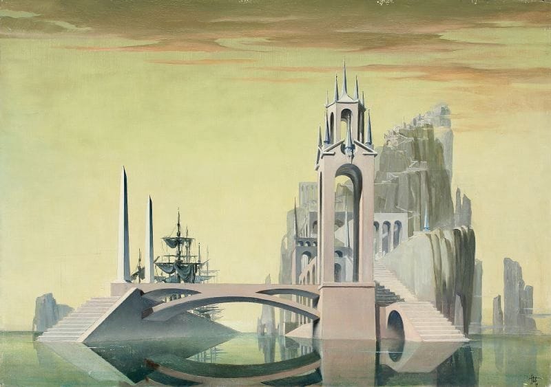 Paul MANTES (1921-2004)
Ville imaginaire. Huile sur toile. Signée en bas à droite. 65 x 92 cm  