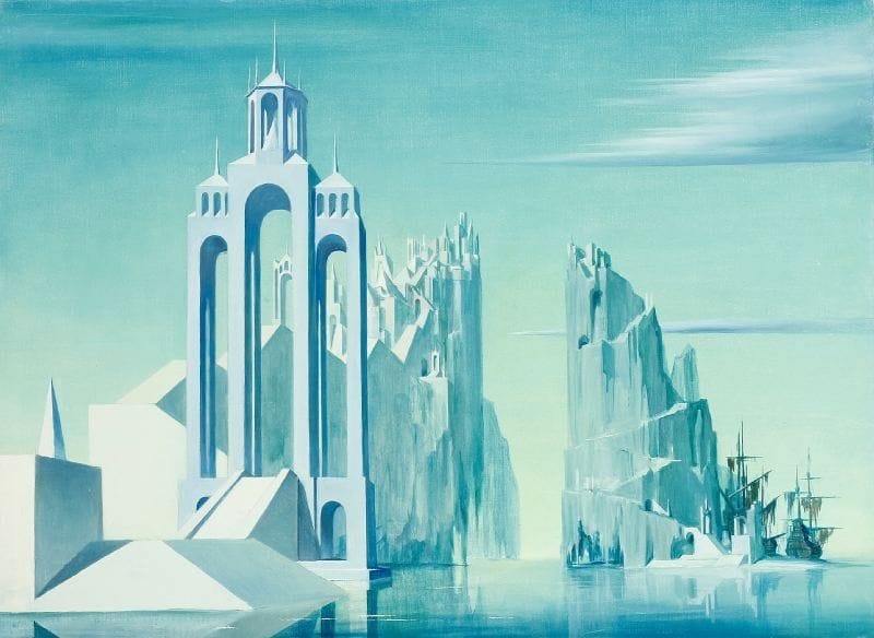 Paul MANTES (1921-2004)
Ville imaginaire bleue. Huile sur toile.  60 x 81 cm  
