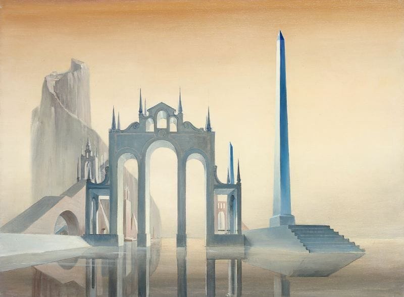 Paul MANTES (1921-2004)
Ville imaginaire rose. Huile sur toile.  60 x 81 cm  