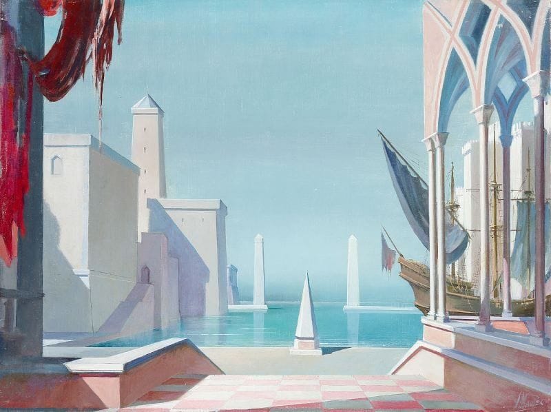 Paul MANTES (1921-2004)
Port imaginaire au phare. Huile sur toile. Signée en bas à droite. 46 x 65 cm  